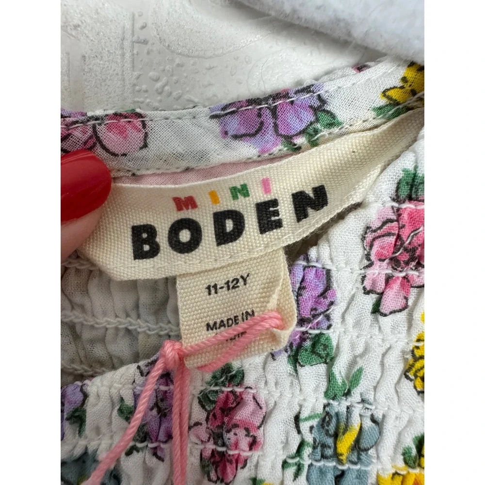 Mini Boden Girls Floral Smocked Tiered Lace Trim Dress White Pink 11-12Y NWT